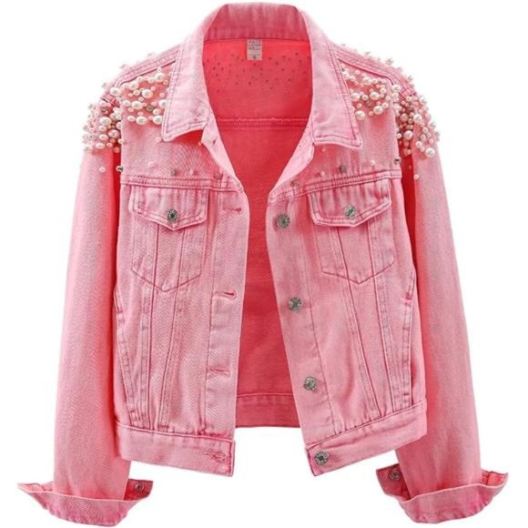 Women's Embroidered Rivet Pearl Short Denim Jacket Coat Pink - Picture 1 of 6